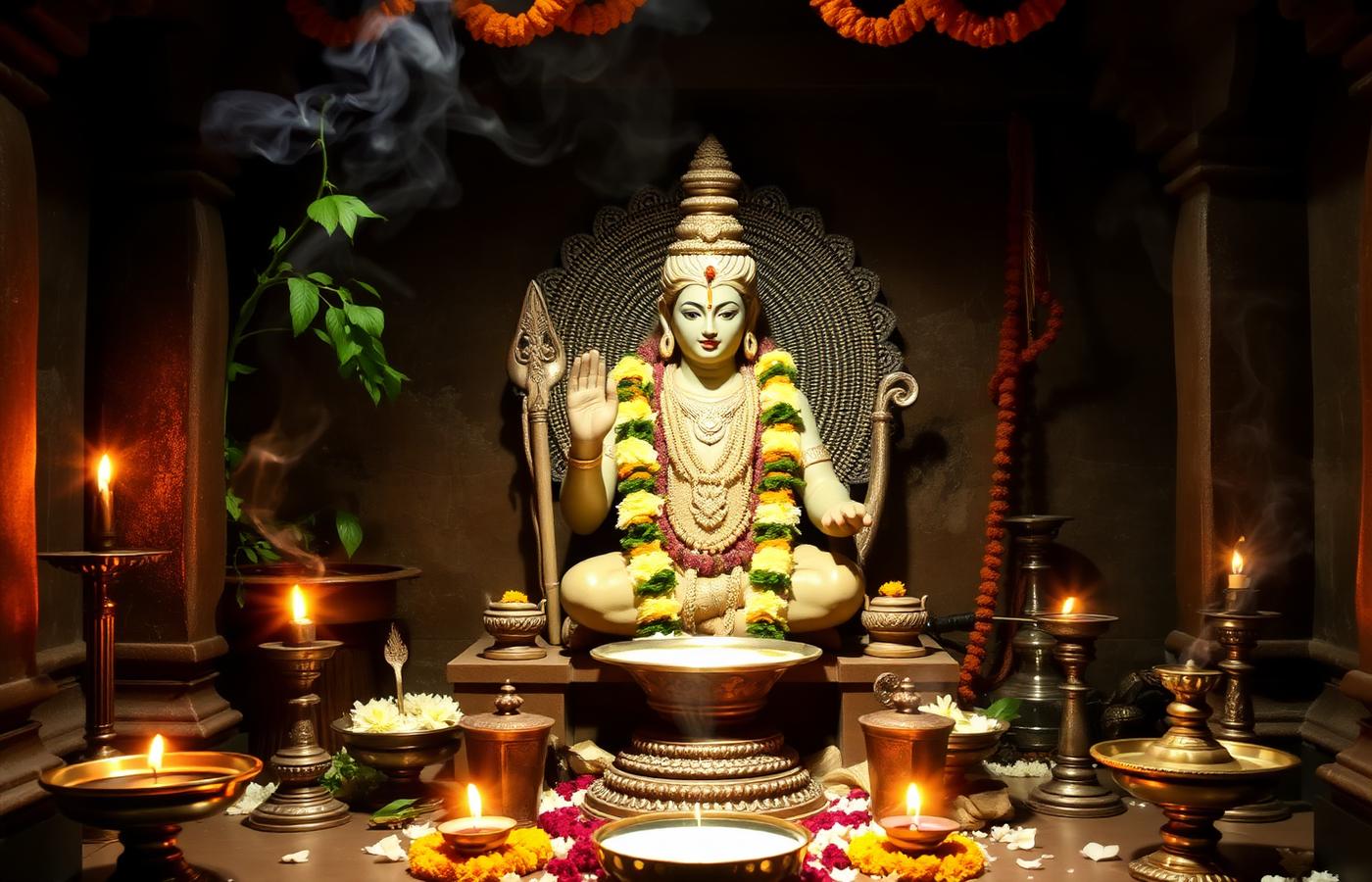 Sacred Shiva Linga with bilva leaves and lamps
