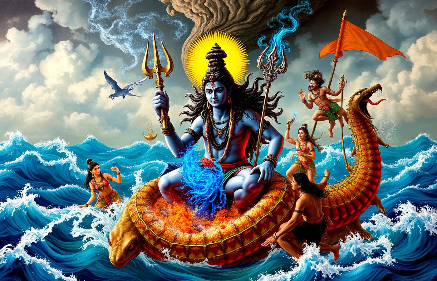 Shiva drinking the Halahala poison during Samudra Manthan