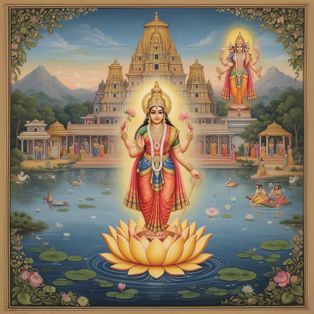 Goddess Padmavati emerging from a lotus and Lord Vishnu descending as Venkateswara