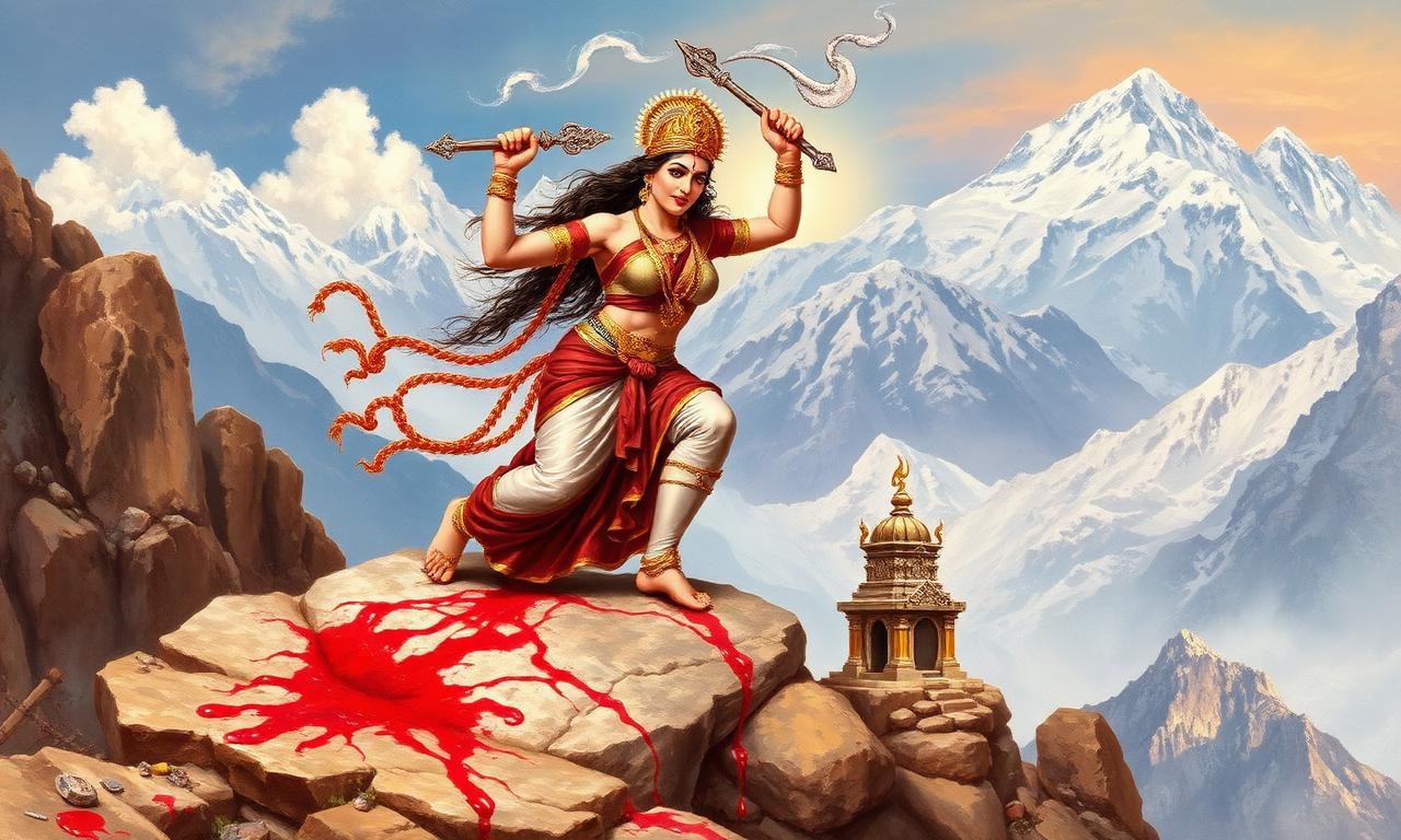 Vaishno Devi beheading Bhairon Nath at the upper cave