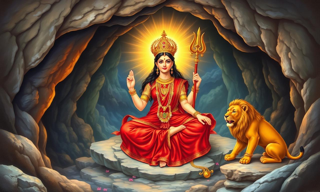 Mata Vaishno Devi as a radiant virgin goddess seated in the Trikuta cave
