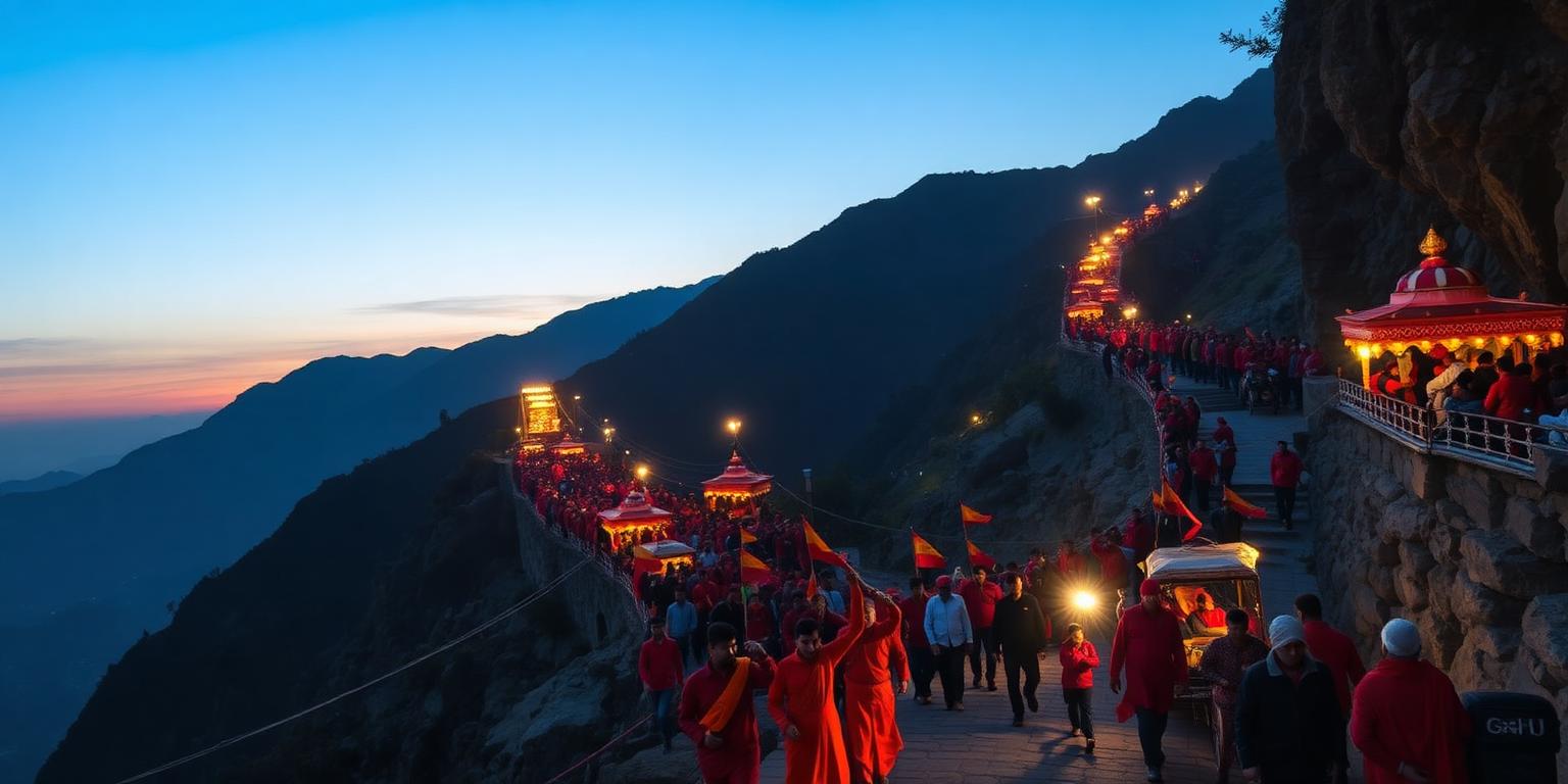 Pilgrims trekking up to Vaishno Devi at dawn chanting Jai Mata Di