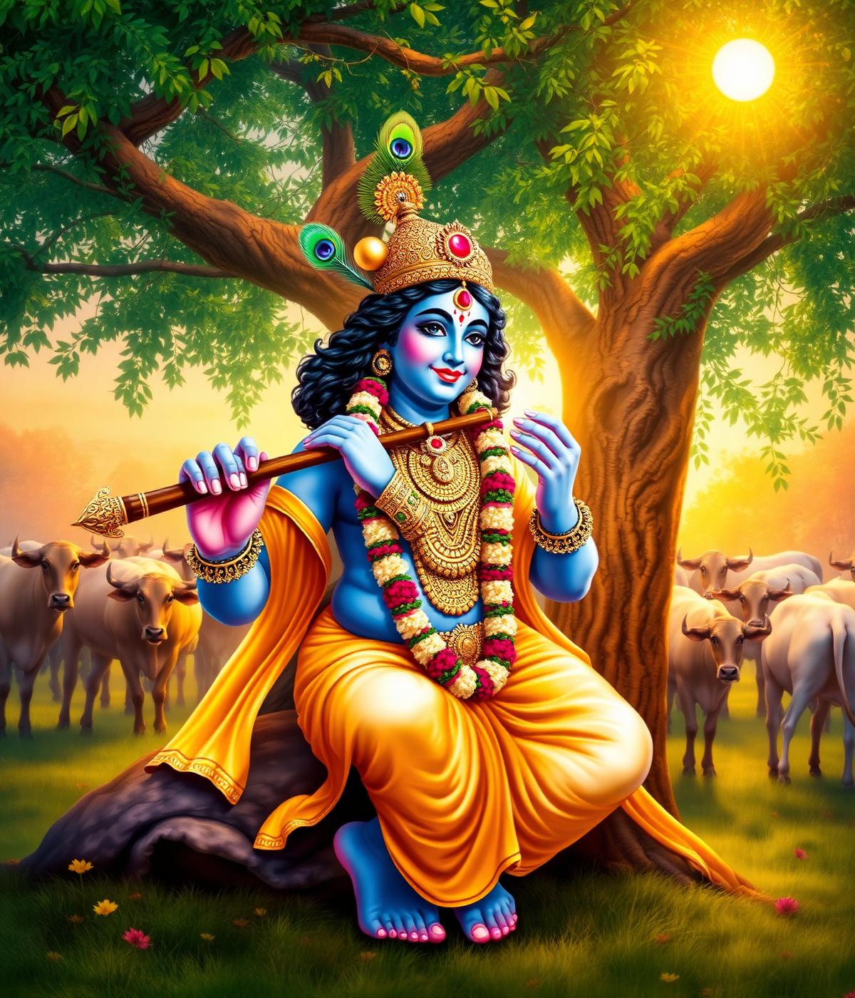 Krishna playing the flute under a kadamba tree