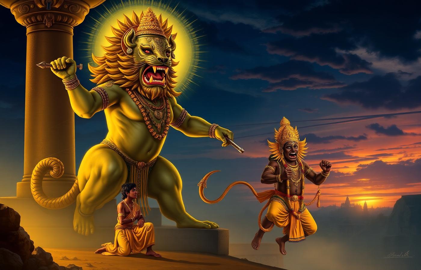 Narasimha emerging from the pillar to protect Prahlada