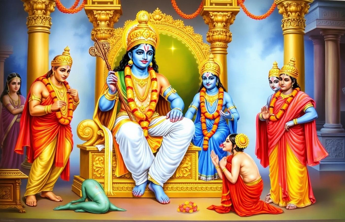 Rama enthroned in Ayodhya with Sita, Hanuman and the brothers