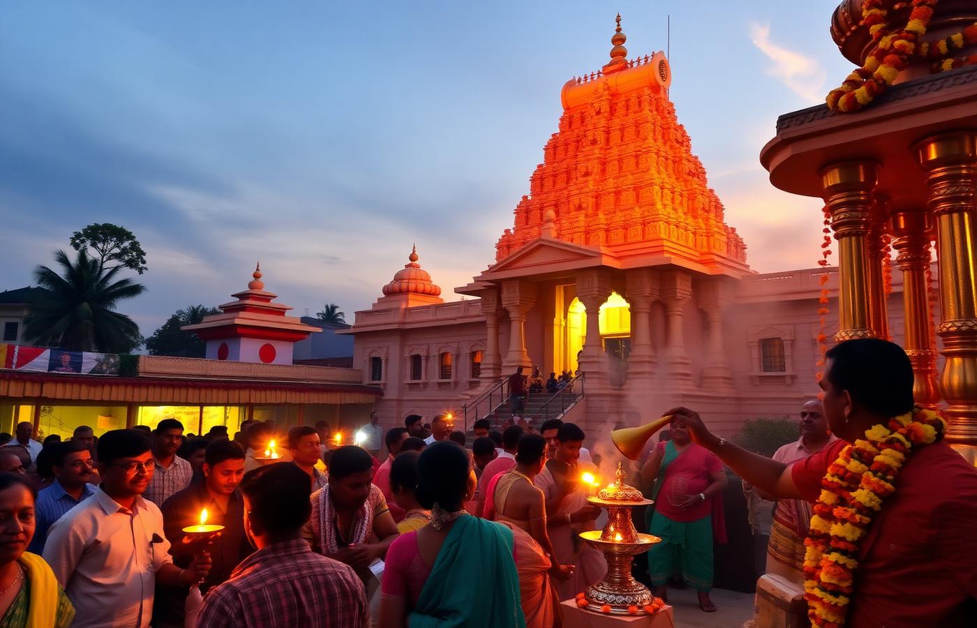 Vaishnava temple at dusk — devotees with lamps and tulsi