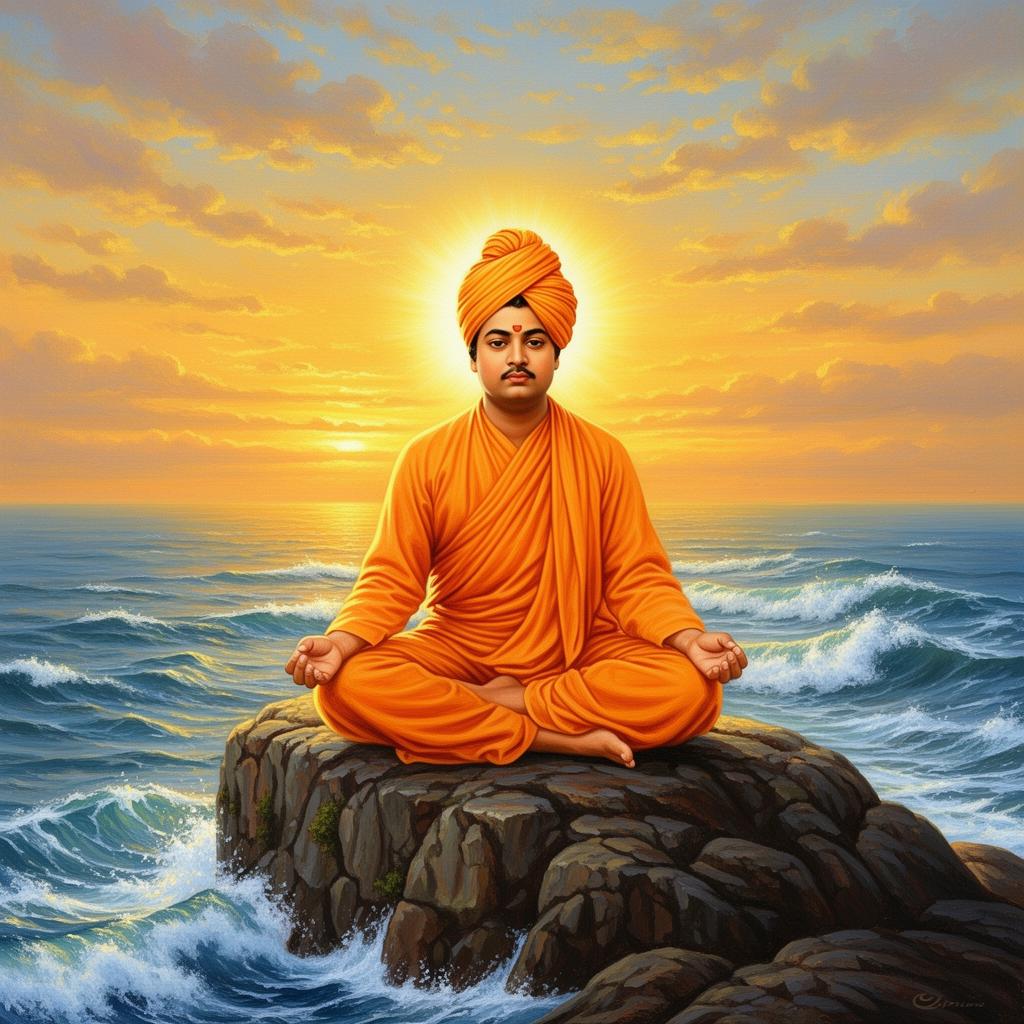 Swami Vivekananda meditating on the Kanyakumari rock at sunrise